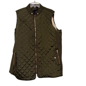 Cavender's Quilted Puffer Vest Womens Medium Olive Green Sherpa Lined Full Zip